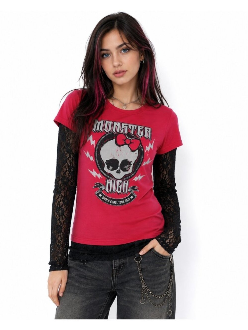 Monster High Juniors Large Shirt Black Lace Long Sleeve Skull World Tour NWOT